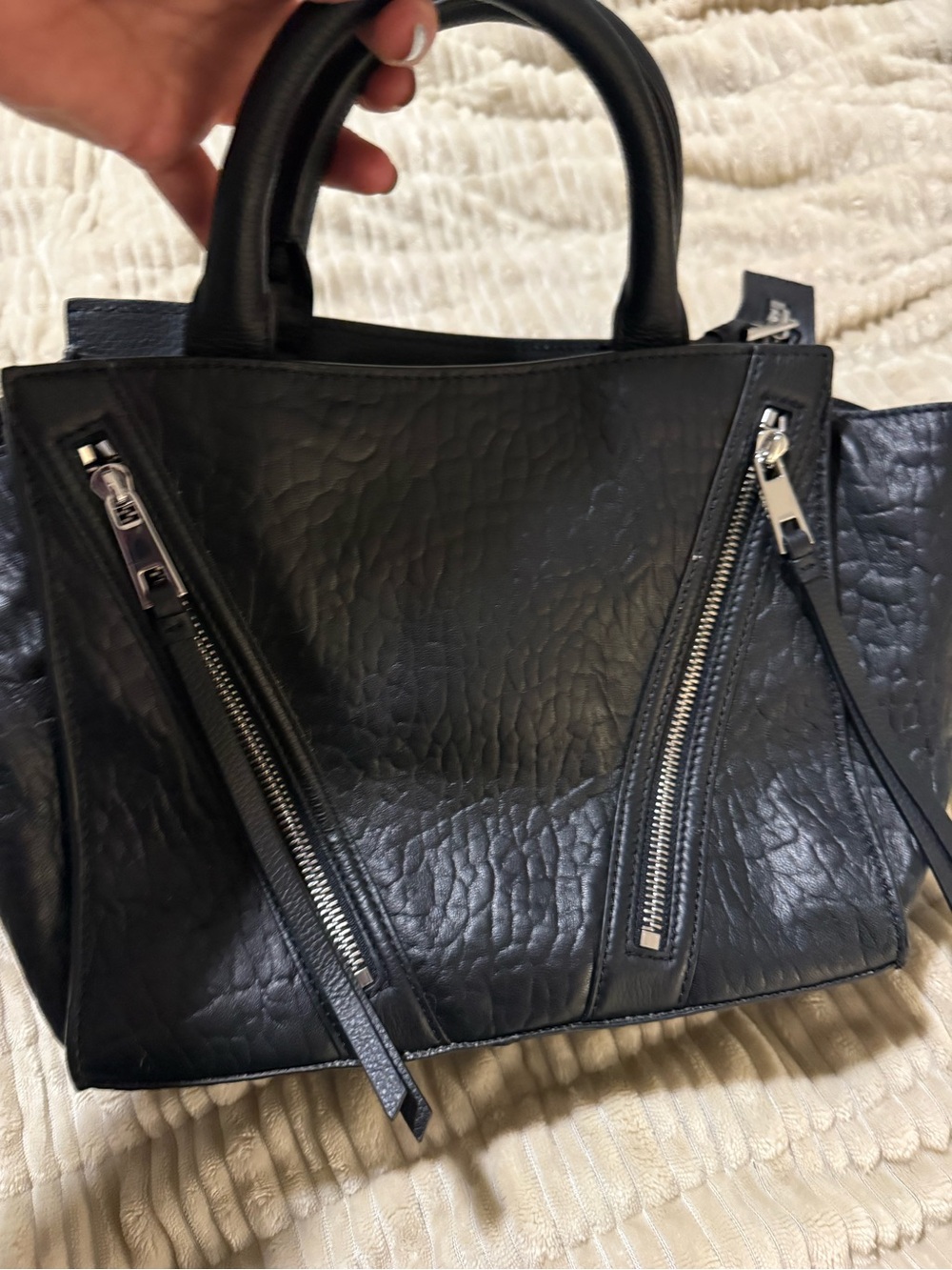 Black Textured Leather Tote Bag with Zip Accents